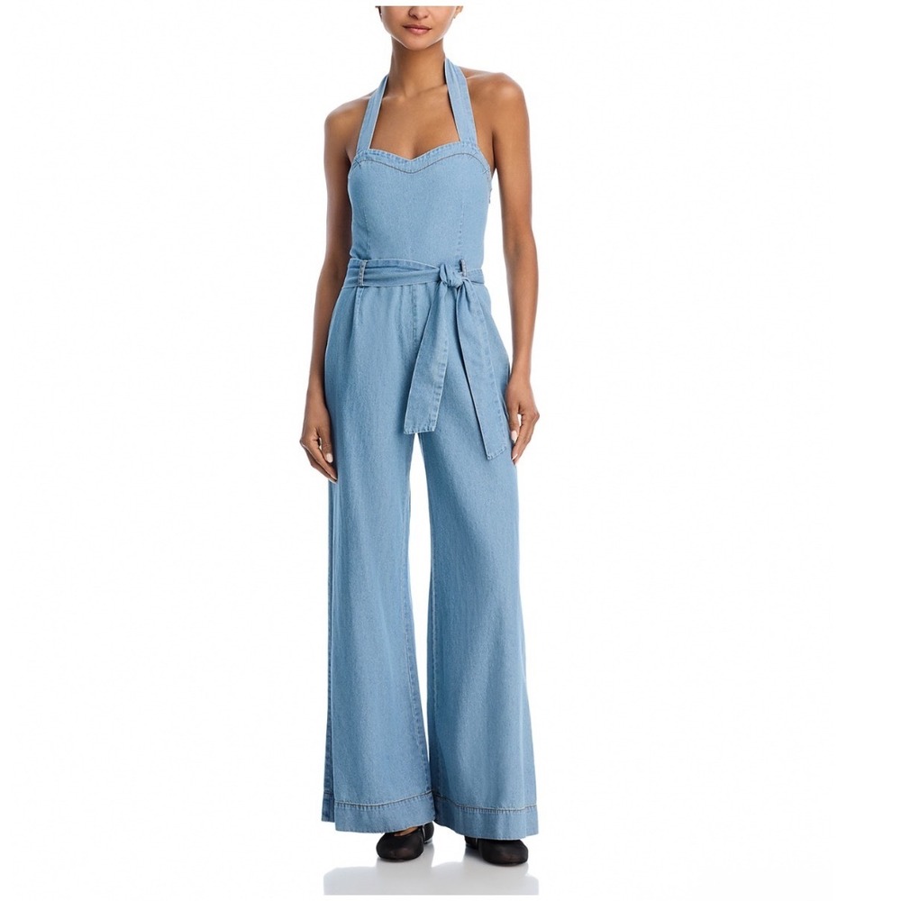 Steve Madden Artie Jumpsuit Bijou Blue Chambray Wide Leg Halter Small NEW